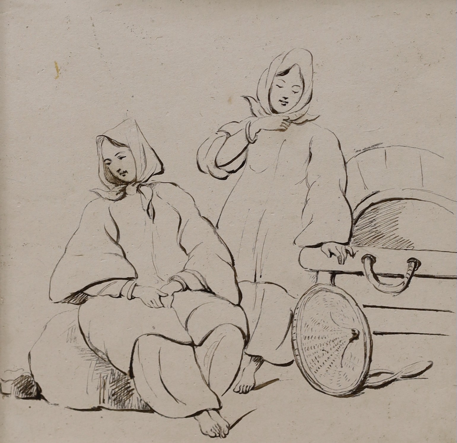 Manner of George Chinnery, three pen and ink drawings, largest 19 x 19cm, unframed